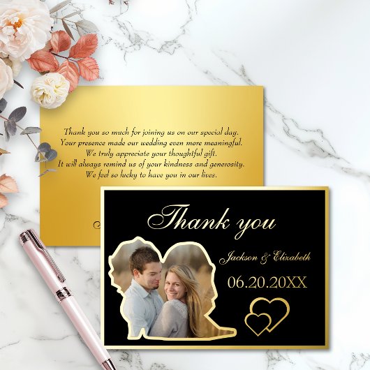 黒ユニークモダン写結婚真のサンキューカード 箔招待状