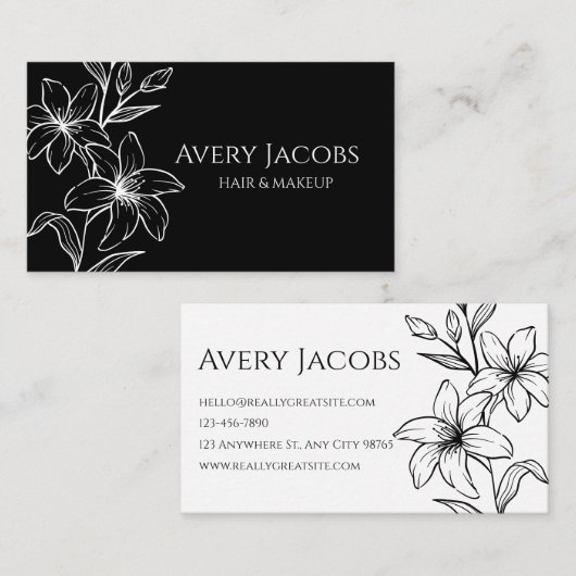黒ユニークモダン白ボホフローラ 名刺 (正面/裏面)