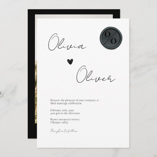 黒ユニークワックスシールモノグラム結婚写真 招待状 (正面/裏面)