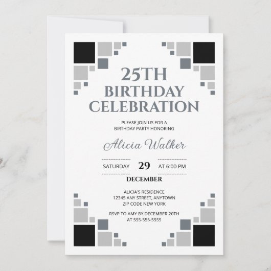 黒ユニーク灰色デジタルフレームコーナー誕生日 招待状 (正面)