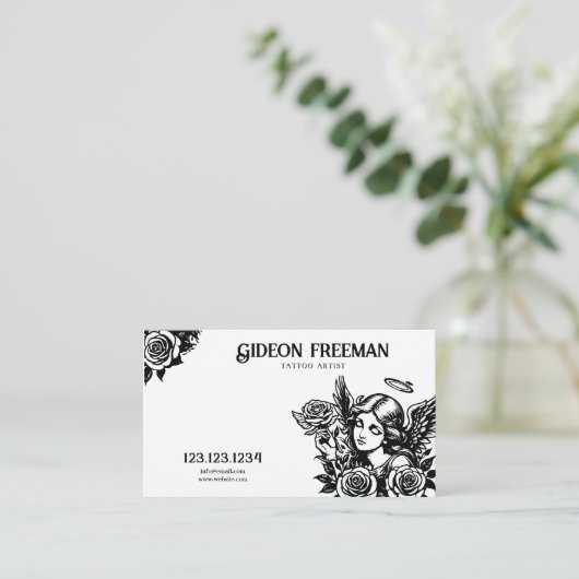 黒ユニーク白エンジェルとバラタトゥーアーティスト 名刺 (スタンド正面)