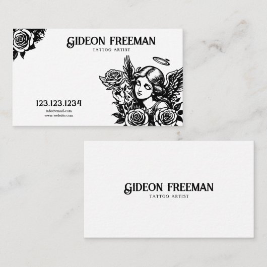 黒ユニーク白エンジェルとバラタトゥーアーティスト 名刺 (正面/裏面)