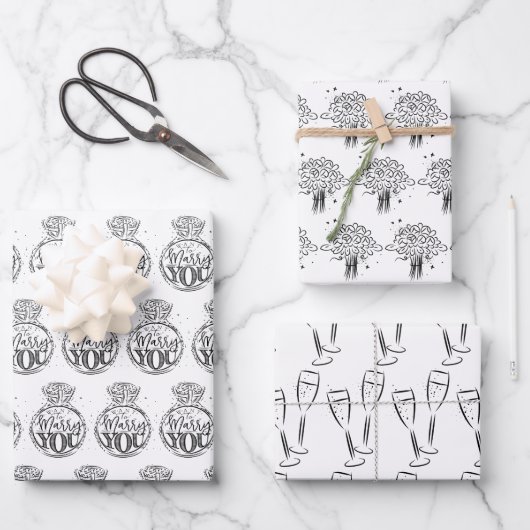 黒ユニーク白ブライダル |ウェディングシャワー ラッピングペーパーシート (正面)