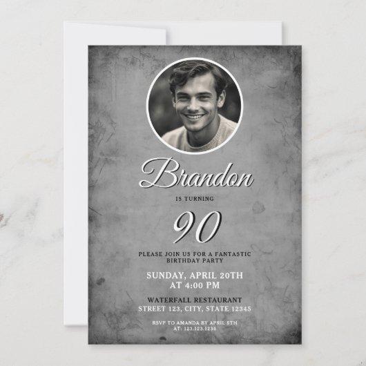 黒ユニーク白ヴィンテージ写真90誕生日 招待状 (正面)
