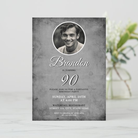 黒ユニーク白ヴィンテージ写真90誕生日 招待状 (スタンド正面)