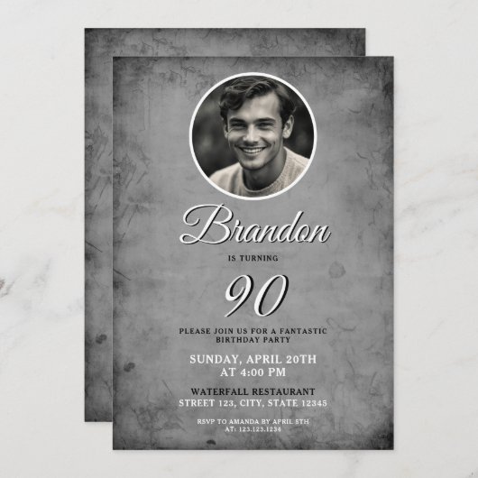 黒ユニーク白ヴィンテージ写真90誕生日 招待状 (正面/裏面)