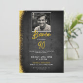 黒ユニーク&金ゴールドヴィンテージ写真90誕生日 招待状 (スタンド正面)