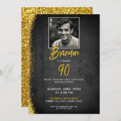 黒ユニーク&金ゴールドヴィンテージ写真90誕生日 招待状 (正面/裏面)