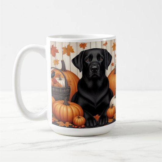 黒ラブラドールとカボチャと紅葉 コーヒーマグカップ (左)