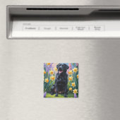 黒ラブラドールの春の花の絵 マグネット (インサイチュ (食洗機))