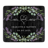 黒ラベンダー花模様グリーンmr mrsハート カッティングボード (正面)