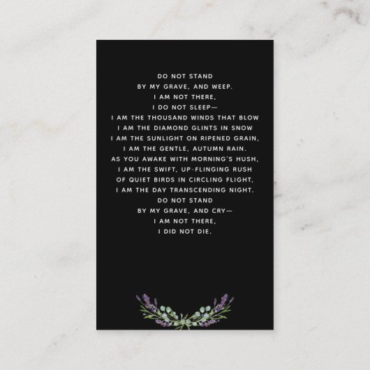 黒ラベンダー花模様写真葬式祈りの言葉カード 名刺 (裏面)