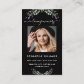 黒ラベンダー花模様写真葬式祈りの言葉カード 名刺 (正面)