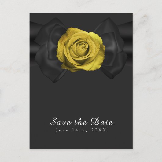 黒リボンと黄色のバラのSave the Date 任意の色 案内ポストカード (正面)