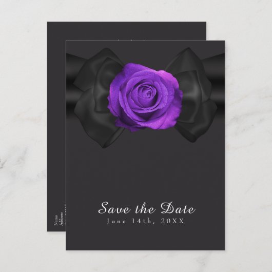 黒リボン & 紫の花 Save the Date 任意の色 案内ポストカード (正面/裏面)