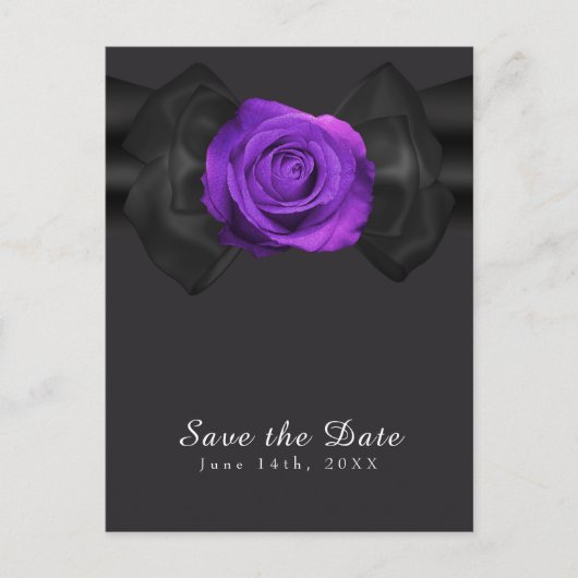 黒リボン & 紫の花 Save the Date 任意の色 案内ポストカード (正面)