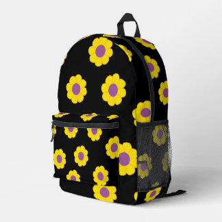 黒リュック 黄色と紫の花のデザイン プリントバックパック