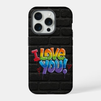 黒レンガの壁にスプレーアートで「I Love You!」 iPhone 15 Proケース