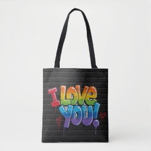 黒レンガの壁に落書きで「I Love You!」 トートバッグ
