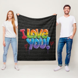 黒レンガの壁に落書きで「I Love You!」 フリースブランケット