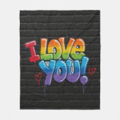 黒レンガの壁に落書きで「I Love You!」 フリースブランケット (正面)