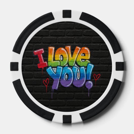 黒レンガの壁に落書きで「I Love You!」 ポーカーチップ (正面)