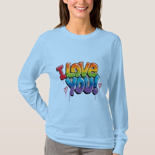 黒レンガの壁に落書きで「I Love You!」 Tシャツ (正面)