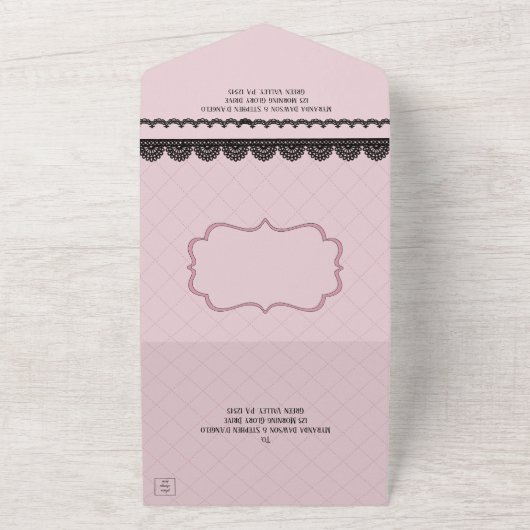 黒レースのソフトピンクカスタムウェディング オールインワン招待状 (外側)