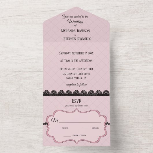 黒レースのソフトピンクカスタムウェディング オールインワン招待状 (内側)