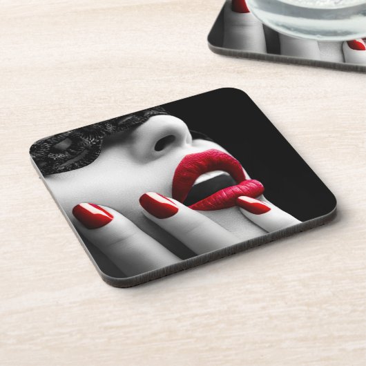 黒レースマスクを持つ美しい女性 コースター (左側)