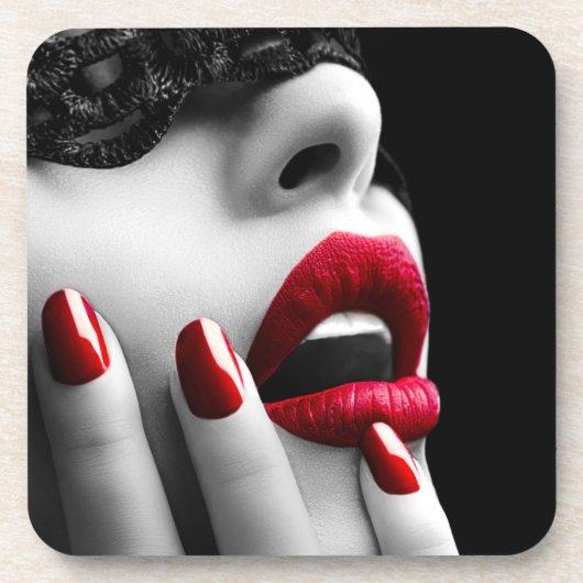 黒レースマスクを持つ美しい女性 コースター (正面)