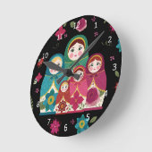 黒ロシアの人形 ラウンド壁時計 (傾斜)