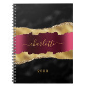 黒ワインレッドゴールドのアゲート大理石ネームスクリプト ノートブック (正面)