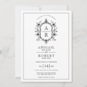 黒ヴィンテージフローラの紋章とイニシャル結婚の 招待状 (正面)