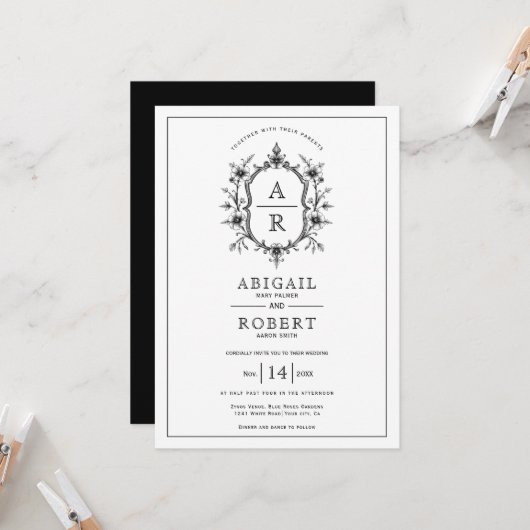 黒ヴィンテージフローラの紋章とイニシャル結婚の 招待状 (正面/裏面インサイチュ)