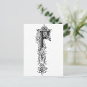 黒ヴィンテージフローラFイニシャル文字 ポストカード (スタンド正面)