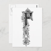 黒ヴィンテージフローラFイニシャル文字 ポストカード (正面/裏面)