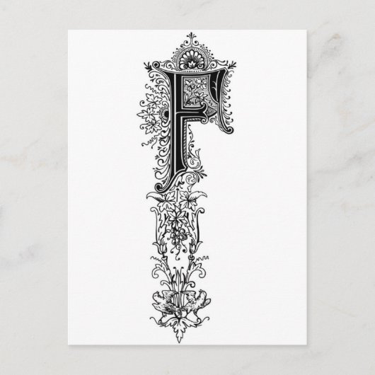 黒ヴィンテージフローラFイニシャル文字 ポストカード (正面)