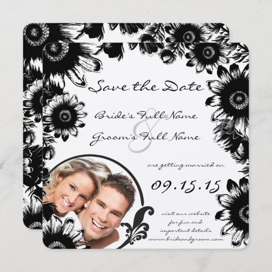 黒ヴィンテージ花結婚式の日付を保存 招待状 (正面/裏面)