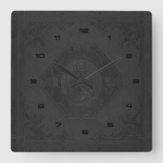 黒ヴィンテージ革額馬頭 スクエア壁時計 (正面)