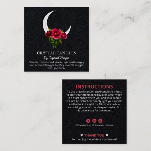 黒三日月の月のクリスタルキャンドルインテンションスペル スクエア名刺 (正面/裏面)