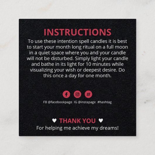 黒三日月の月のクリスタルキャンドルインテンションスペル スクエア名刺 (裏面)
