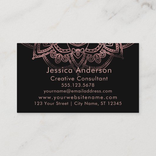 黒上のばら色の金ゴールドホイルのはす曼荼羅 名刺 (裏面)