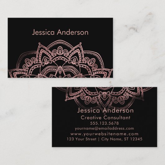 黒上のばら色の金ゴールドホイルのはす曼荼羅 名刺 (正面/裏面)