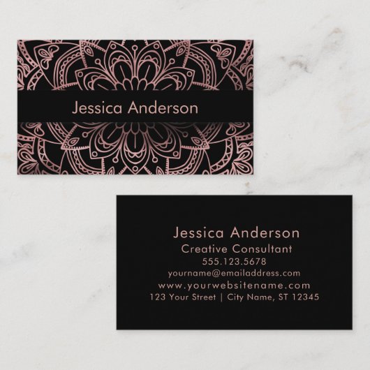 黒上のばら色の金ゴールドホイルの曼荼羅を滑らかにして下さい 名刺 (正面/裏面)