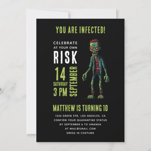 黒不気味おもしろいゾンビ子供の誕生日パーティー 招待状 (正面)