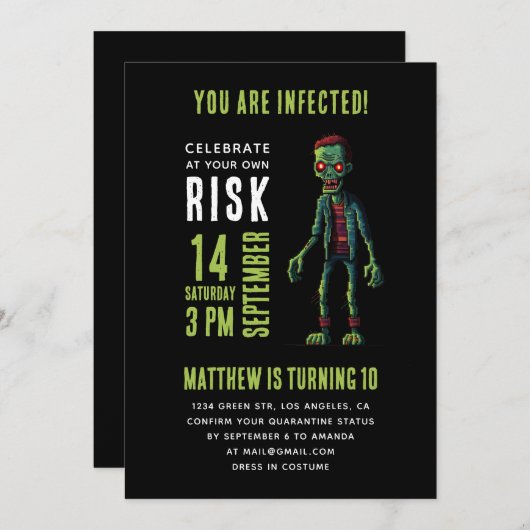 黒不気味おもしろいゾンビ子供の誕生日パーティー 招待状 (正面/裏面)