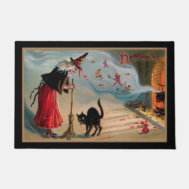 黒不気味猫と悪魔のヴィンテージ魔女 ドアマット (正面)