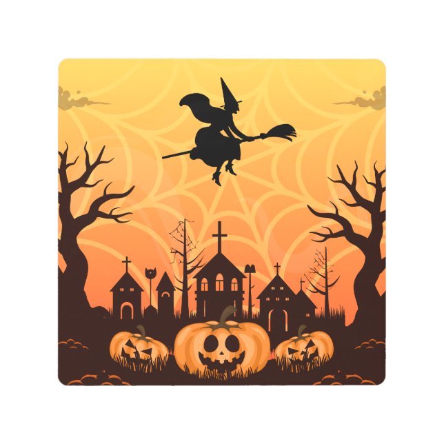 黒不気味猫ハロウィーンデザインモダン- ミニマル メタルプリント (正面)