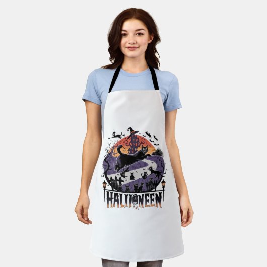 黒不気味猫ハロウィーンナイト – ヴィンテージ幽霊のよく出る エプロン (着用した状態)